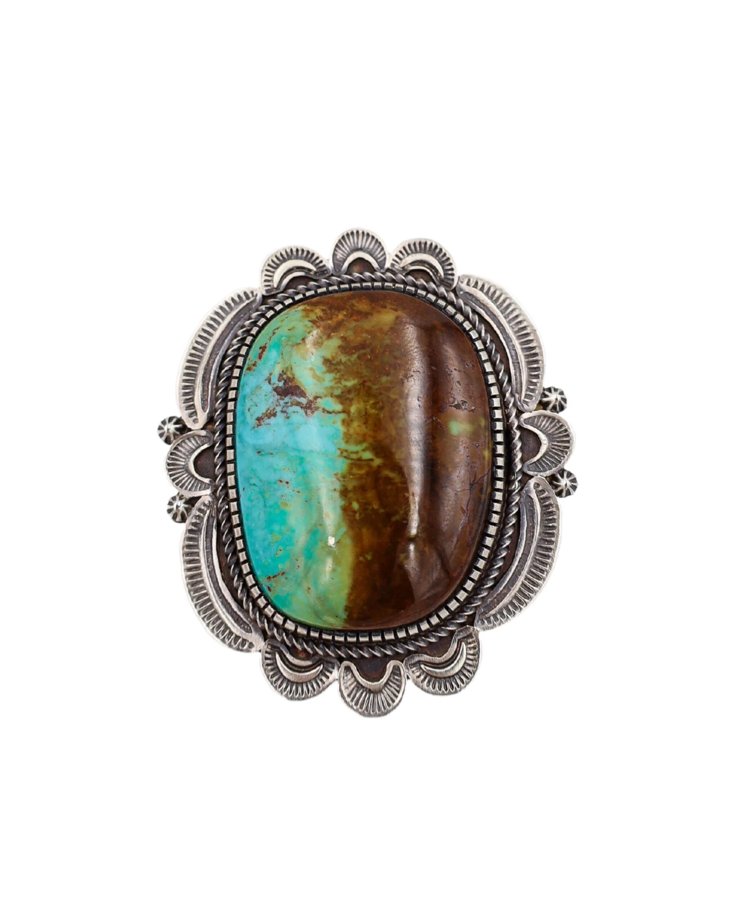 EXTRA LARGE TURQUOISE AND BROWN SCALLOP FRAME RING- SIZE 7.5 2 EXTRA LARGE TURQUOISE AND BROWN SCALLOP FRAME RING- SIZE 7.5 - Image 2