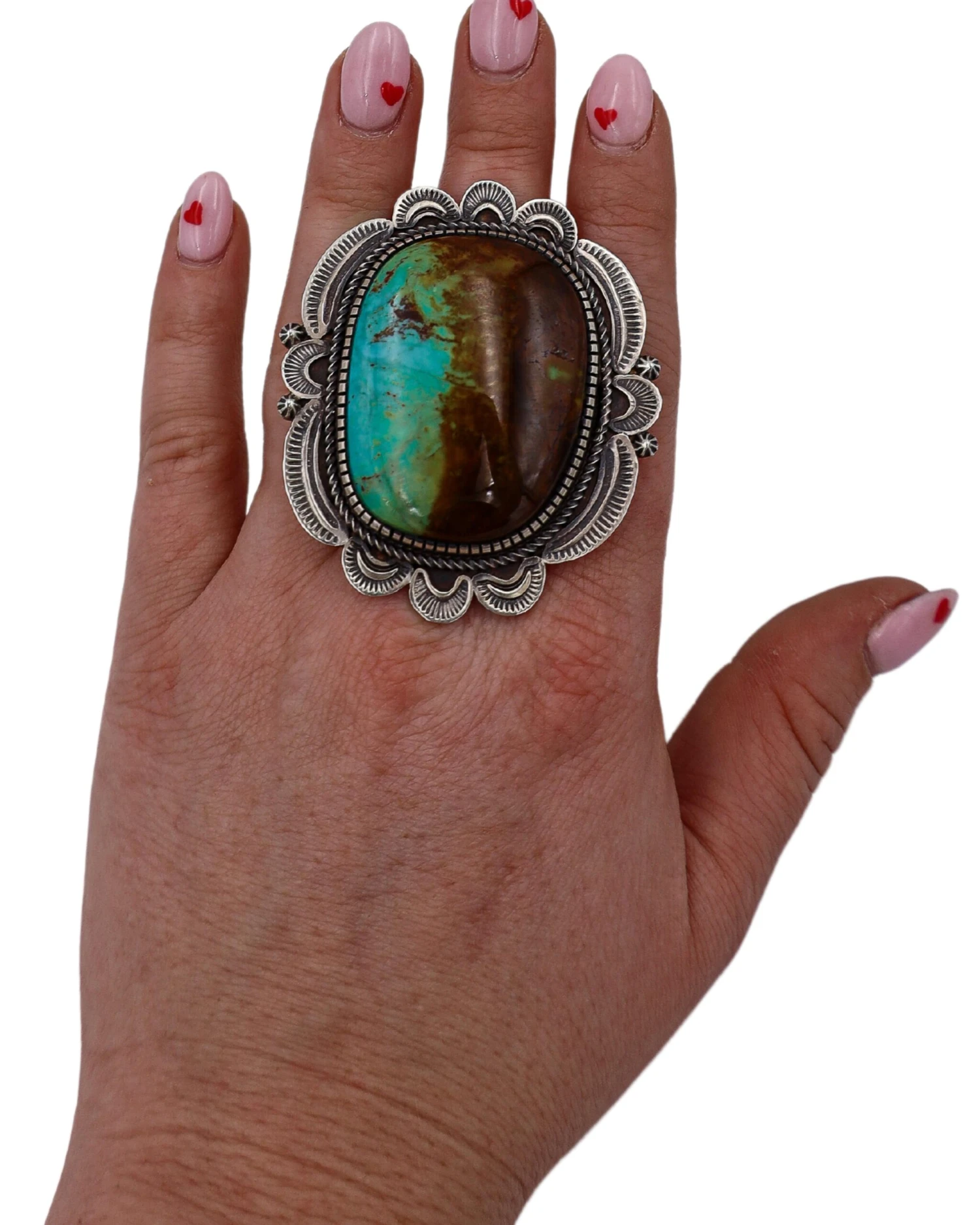 EXTRA LARGE TURQUOISE AND BROWN SCALLOP FRAME RING- SIZE 7.5 1 EXTRA LARGE TURQUOISE AND BROWN SCALLOP FRAME RING- SIZE 7.5