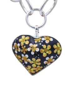 COREEN CORDOVA BLACK HEART GOLD FLOWERS PENDANT