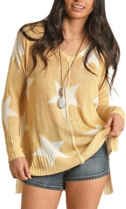 ROCK AND ROLL DENIM STARS SWEATER- MUSTARD