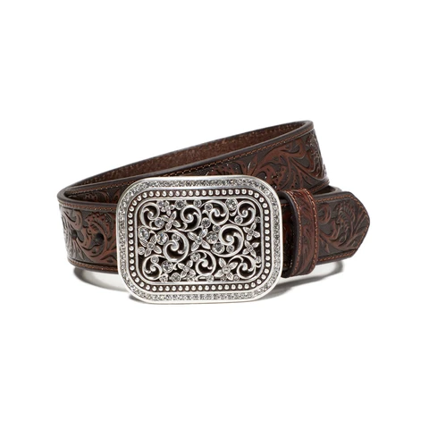 Ariat Women's Embossed Leather Crystal Buckle Western Belt Brown 1 Ariat Women's Embossed Leather Crystal Buckle Western Belt Brown