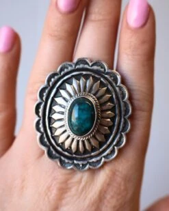CONCHO AND DARK TURQUOISE OVAL RING- SIZE 7 -Western Cowboy Clothing Store image 62762c17 fb90 4f69 ba93 21d509979c94