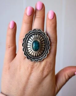 CONCHO AND DARK TURQUOISE OVAL RING- SIZE 7