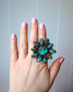 TURQUOISE AND BROWN FLOWER RING- SIZE 8