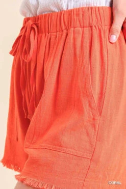 UMGEE LINEN BLEND FRAYED HEM SHORT -Western Cowboy Clothing Store k6472 coral 4